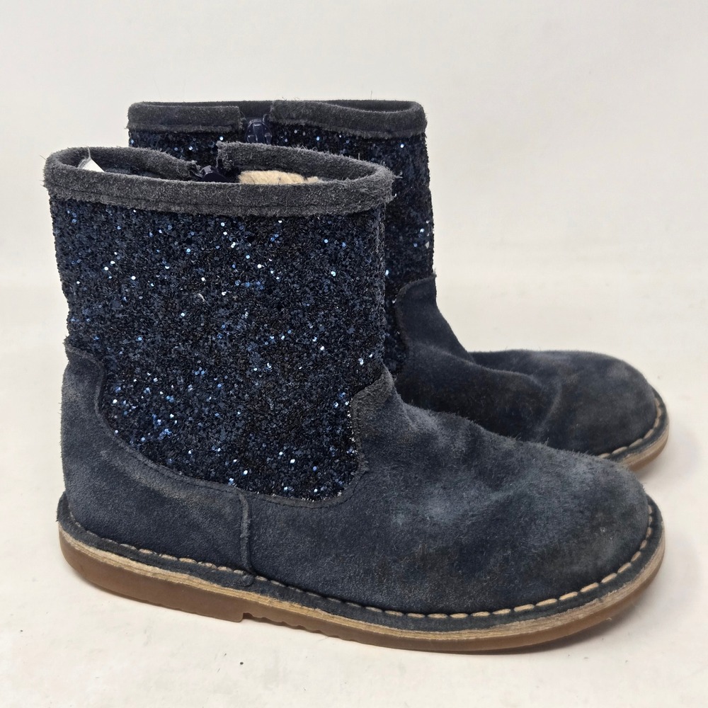 Mini Boden Kids Navy Blue Suede Glitter Ankle Boots Faux Fur Lined Size 32